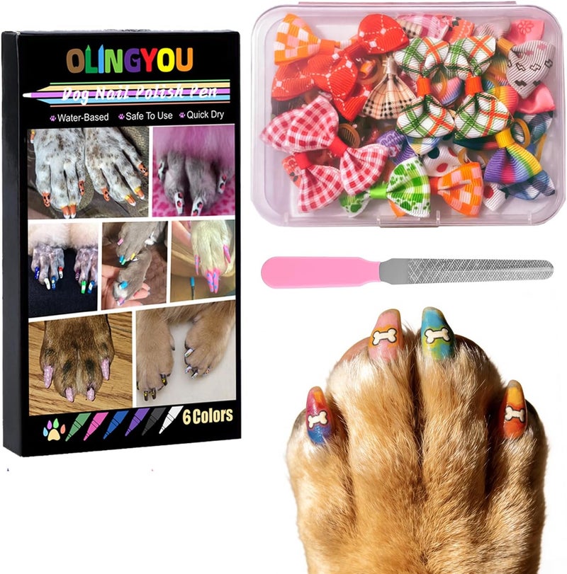 OLINGYOU Dog Nail Art Pens,Nail Art Markers for Dog-6 Colors & 20 Pcs Dog Bowknot Hair Bows, DIY Nails for Pet, Dog Safe Nail Polish Non Toxic, Odorless, Easy to Apply - Image 1